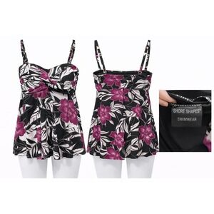 Shore Shapes Swimdress Womens 8 NWT Black Pink Floral Tummy Control One Piece